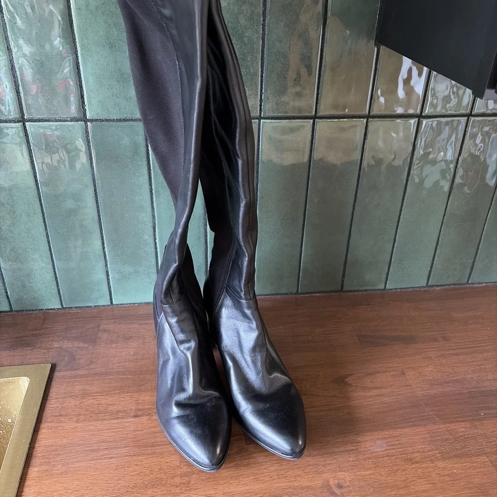 Marc Fisher Women's Leather Boots Size 10 Black Heel To The Knee Tall Read